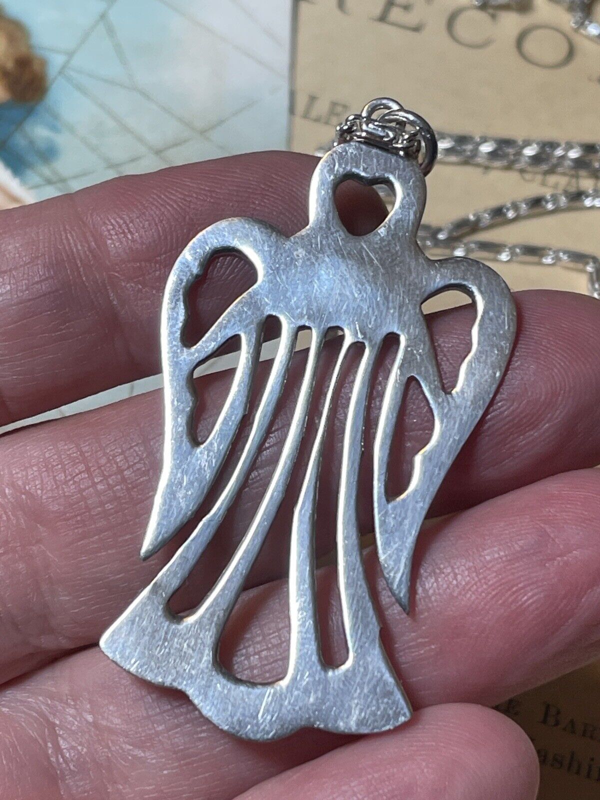 ANGEL Heart Pendant Sterling Silver 925 Openwork 2” & Unmarked Chain 12”