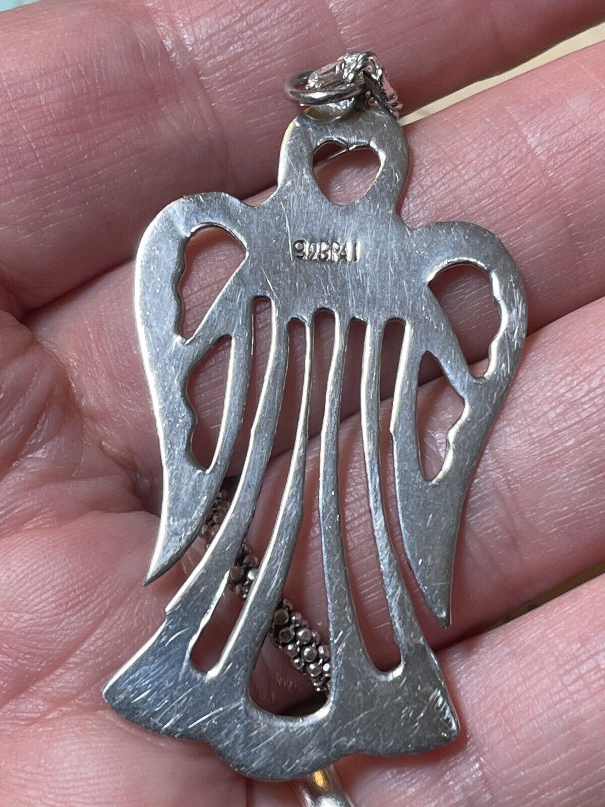 ANGEL Heart Pendant Sterling Silver 925 Openwork 2” & Unmarked Chain 12”