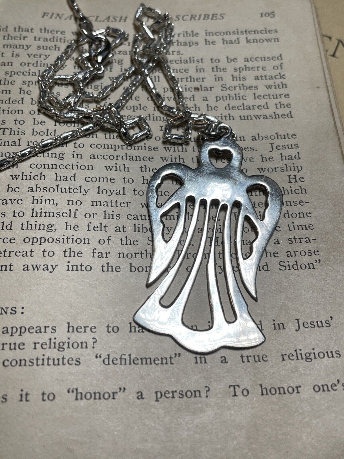 ANGEL Heart Pendant Sterling Silver 925 Openwork 2” & Unmarked Chain 12”