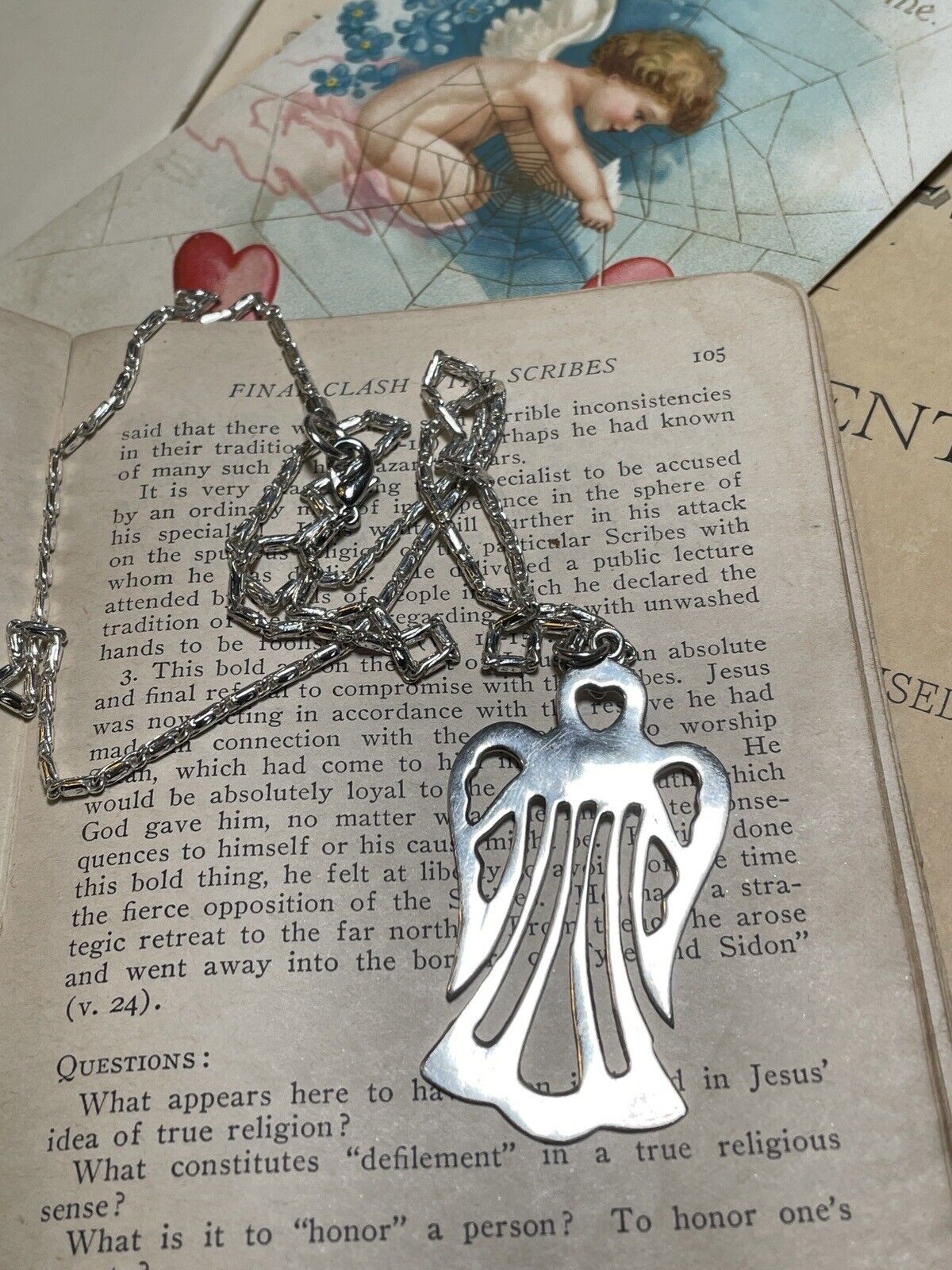 ANGEL Heart Pendant Sterling Silver 925 Openwork 2” & Unmarked Chain 12”