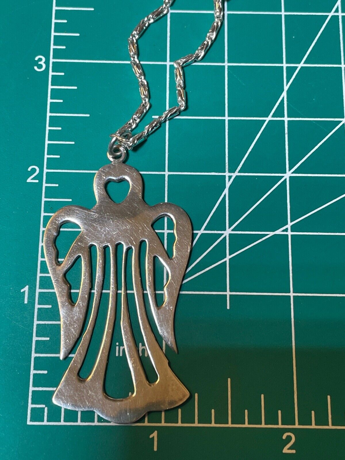 ANGEL Heart Pendant Sterling Silver 925 Openwork 2” & Unmarked Chain 12”