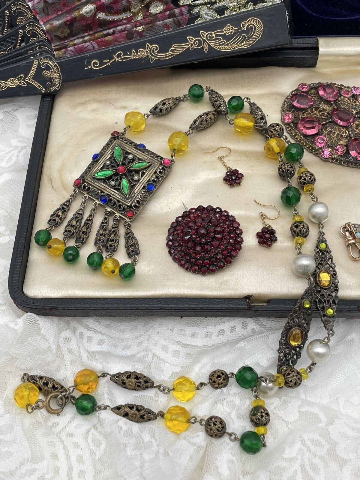 VTG Czech STYLE Drop Pendant Hidden Locket Necklace Rhinestone Faux Pearl LONG