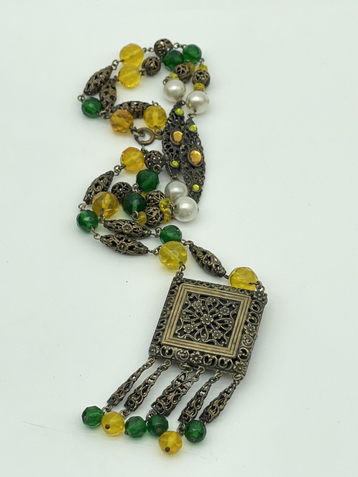 VTG Czech STYLE Drop Pendant Hidden Locket Necklace Rhinestone Faux Pearl LONG