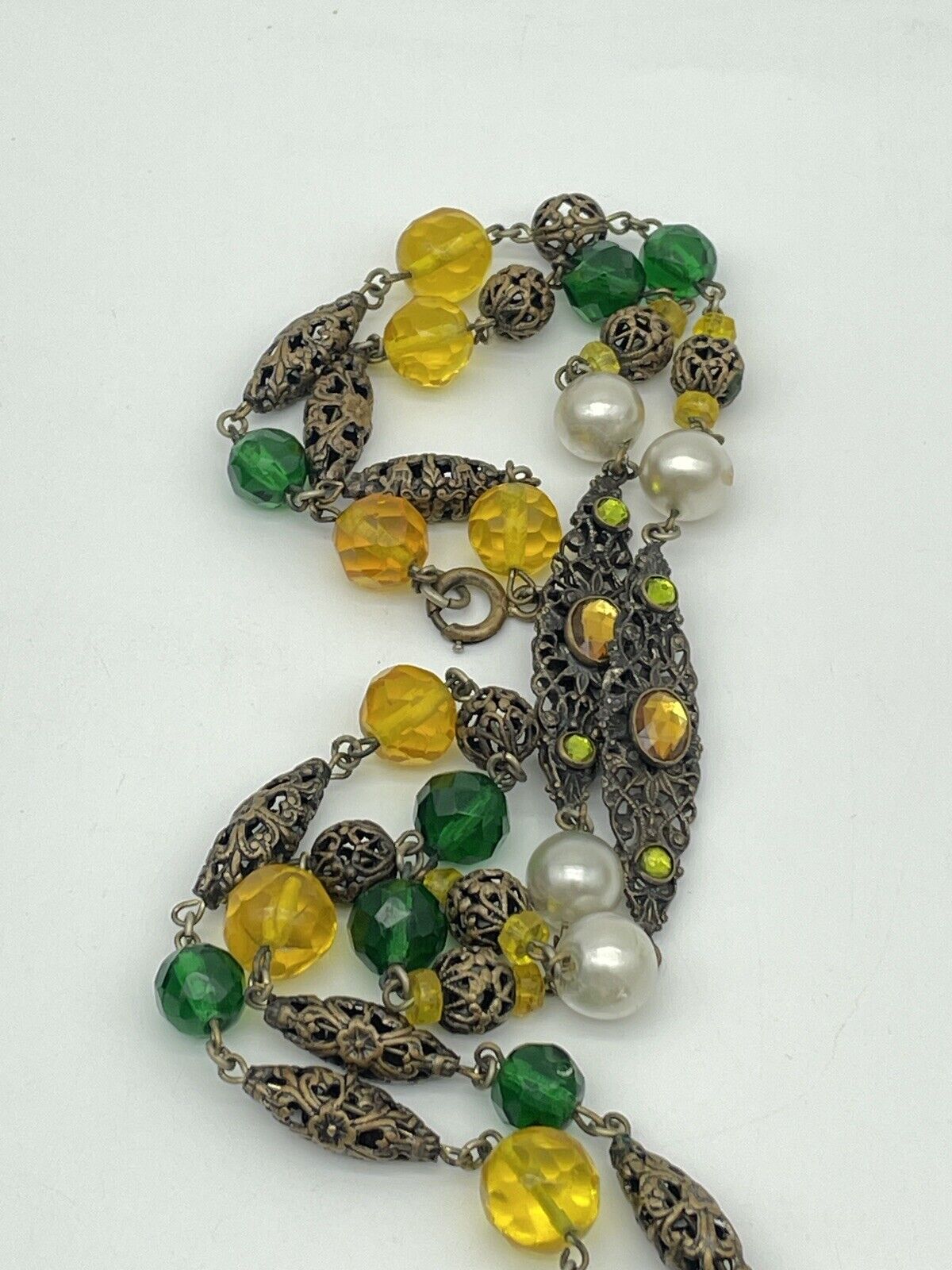 VTG Czech STYLE Drop Pendant Hidden Locket Necklace Rhinestone Faux Pearl LONG