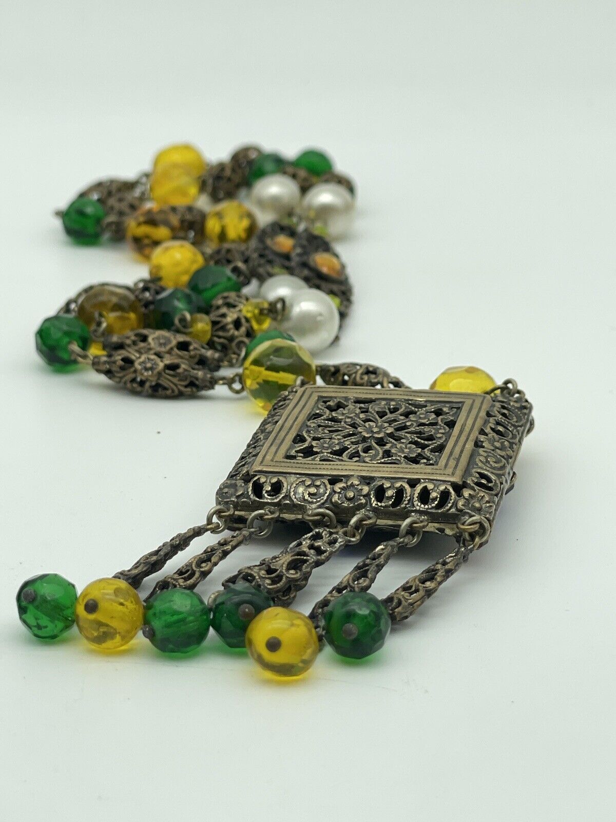 VTG Czech STYLE Drop Pendant Hidden Locket Necklace Rhinestone Faux Pearl LONG