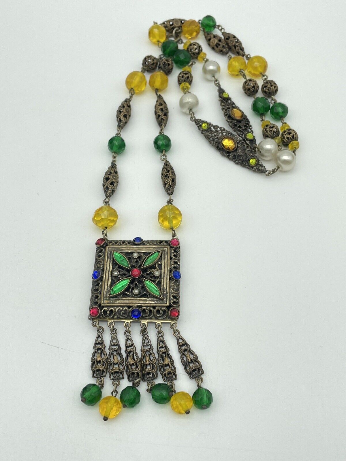 VTG Czech STYLE Drop Pendant Hidden Locket Necklace Rhinestone Faux Pearl LONG