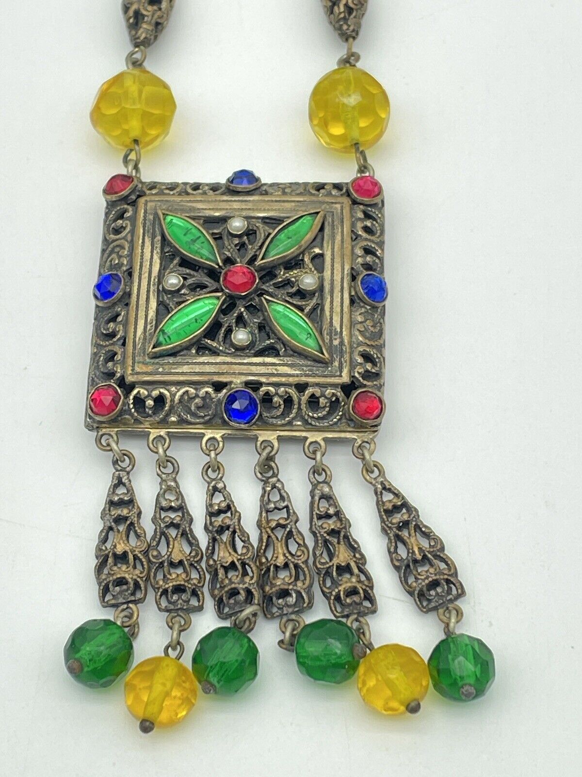 VTG Czech STYLE Drop Pendant Hidden Locket Necklace Rhinestone Faux Pearl LONG