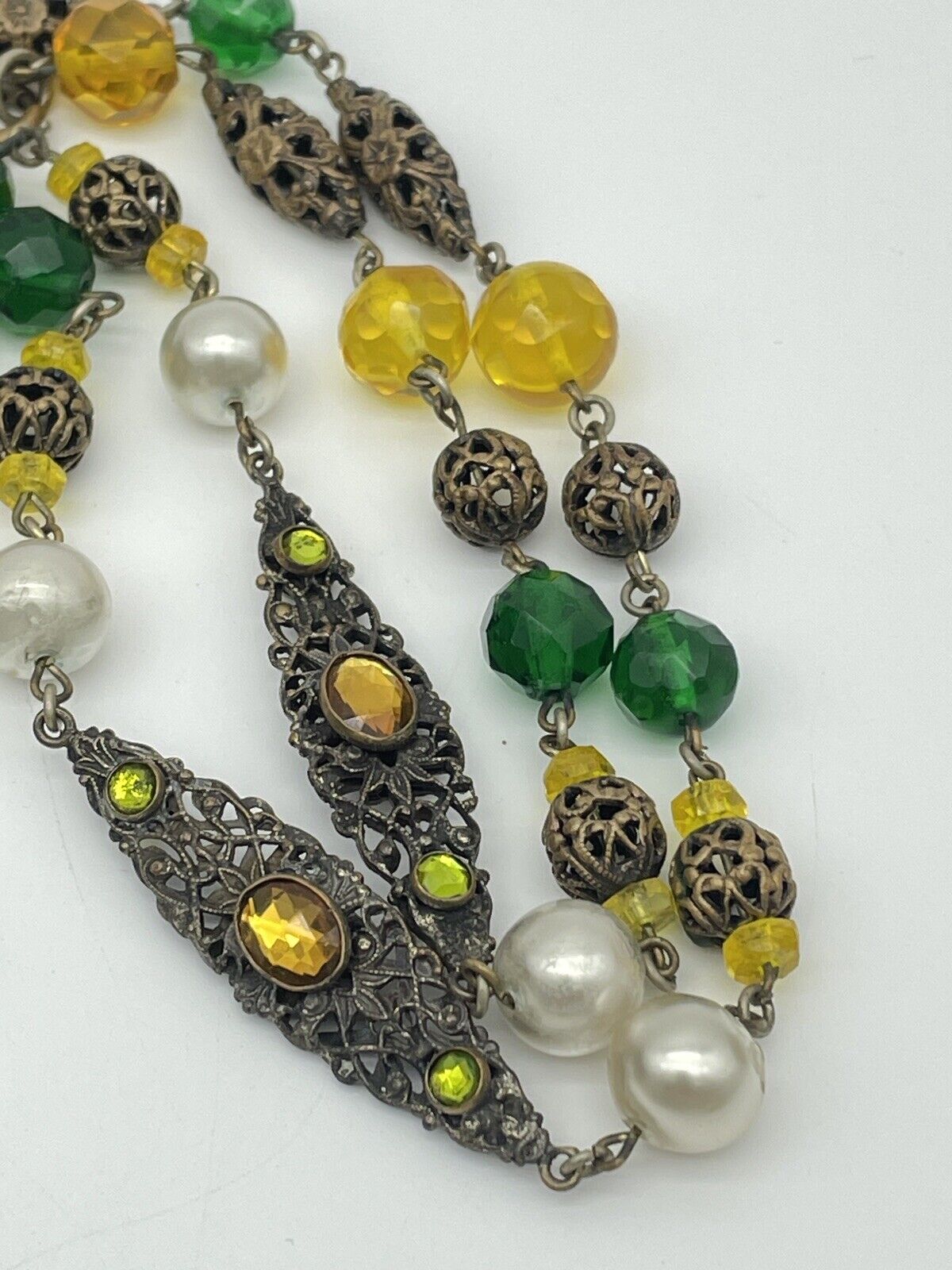 VTG Czech STYLE Drop Pendant Hidden Locket Necklace Rhinestone Faux Pearl LONG