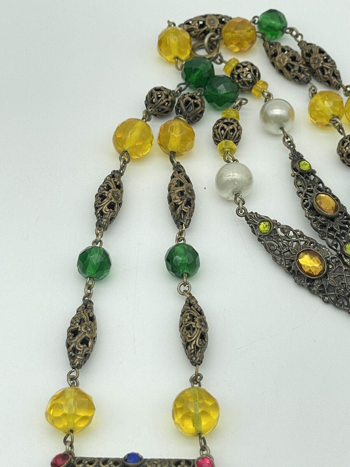 VTG Czech STYLE Drop Pendant Hidden Locket Necklace Rhinestone Faux Pearl LONG