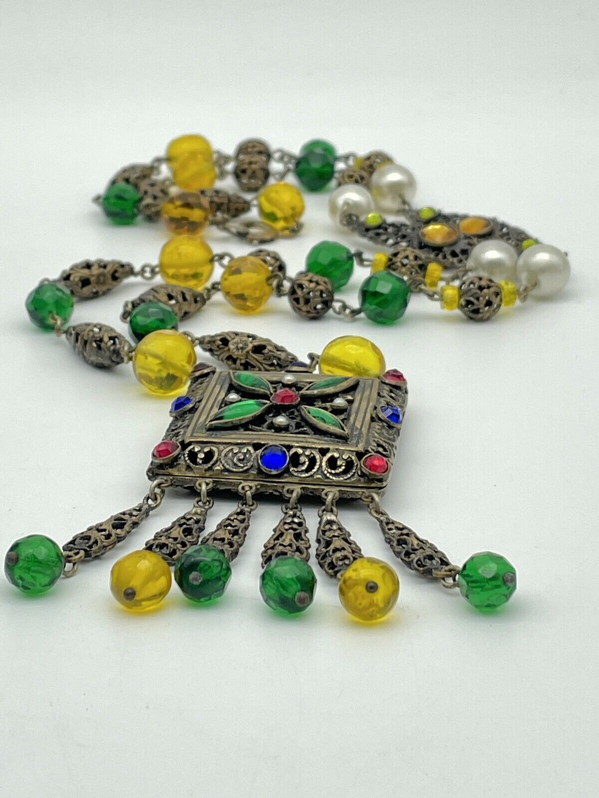 VTG Czech STYLE Drop Pendant Hidden Locket Necklace Rhinestone Faux Pearl LONG