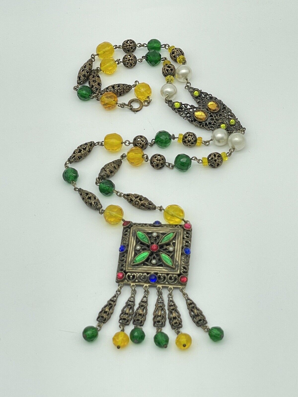 VTG Czech STYLE Drop Pendant Hidden Locket Necklace Rhinestone Faux Pearl LONG