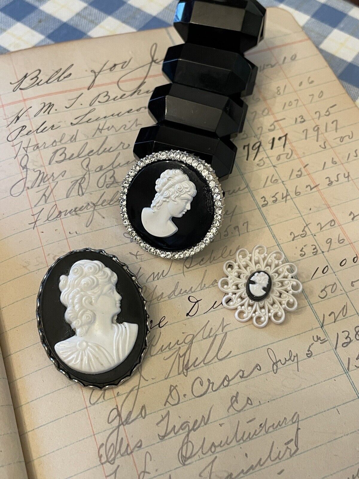 Black Cameo Lot With Black Victorian Style Bracelet GOTHIC Vintage