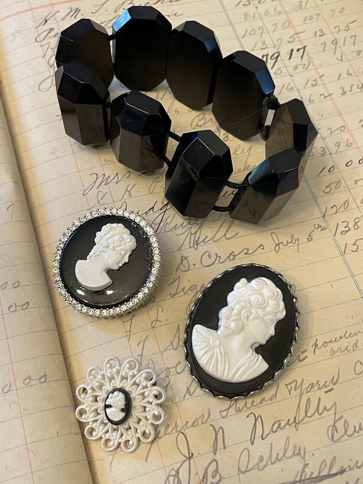 Black Cameo Lot With Black Victorian Style Bracelet GOTHIC Vintage