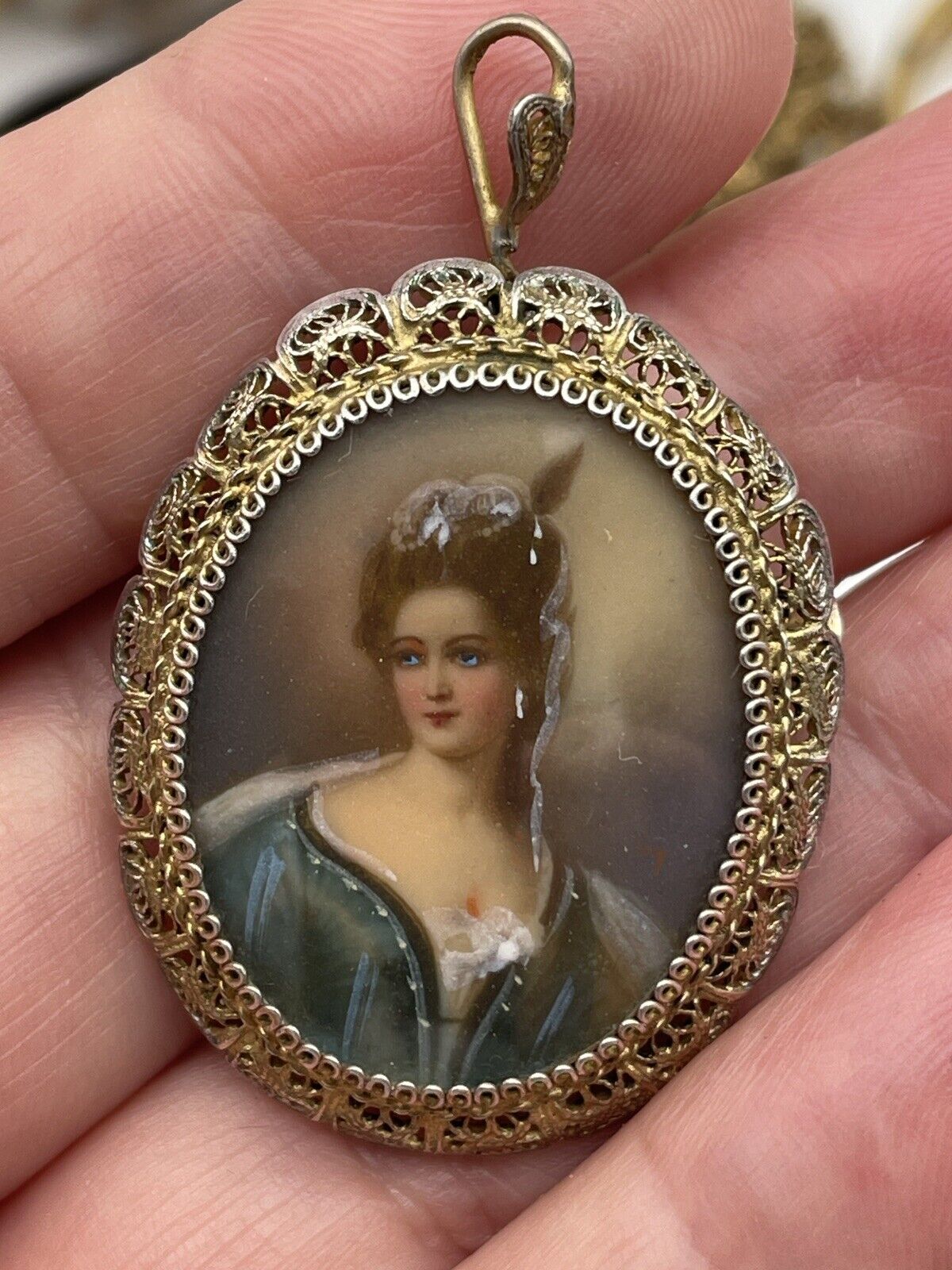 Antique Hand Painted Miniature Brooch Pendant 800 Silver Lace Filigree