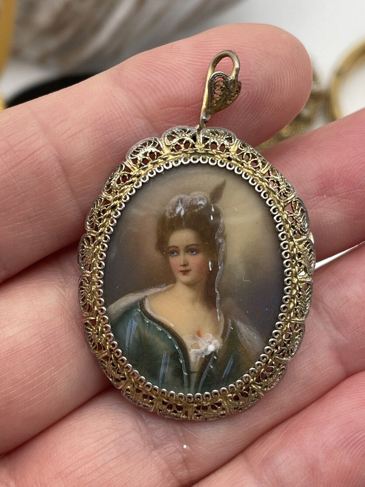 Antique Hand Painted Miniature Brooch Pendant 800 Silver Lace Filigree