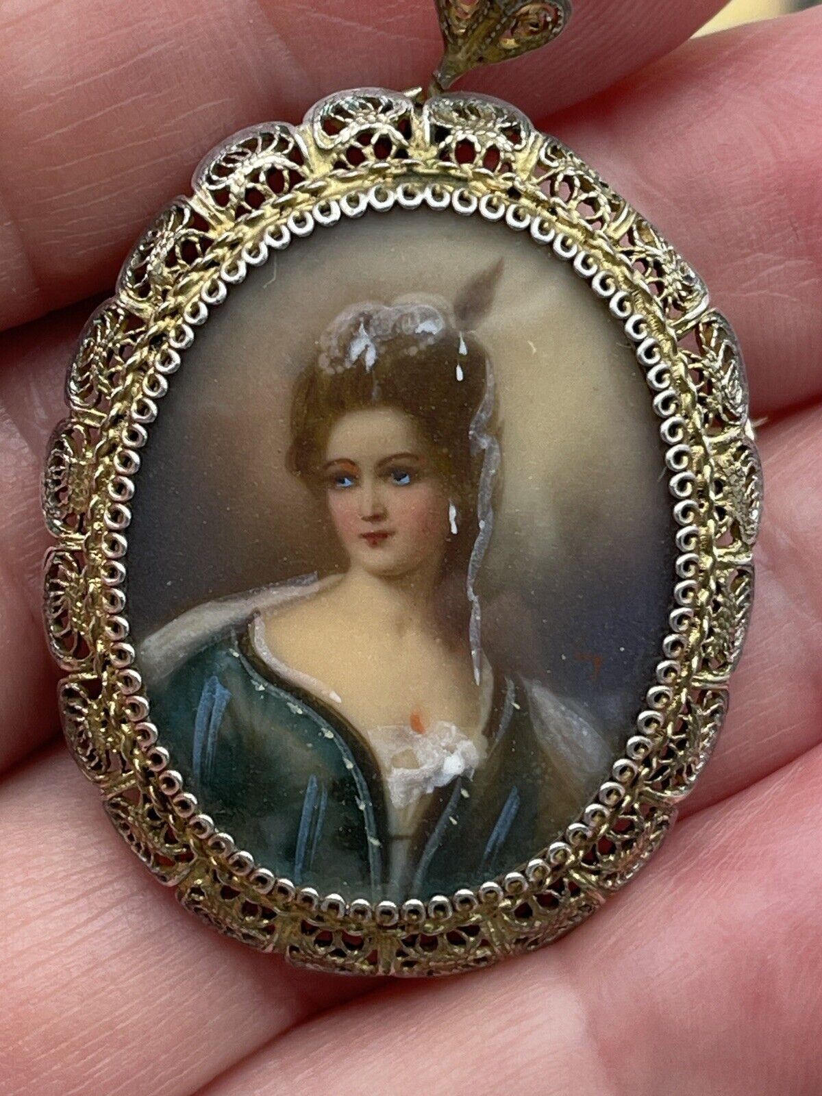 Antique Hand Painted Miniature Brooch Pendant 800 Silver Lace Filigree