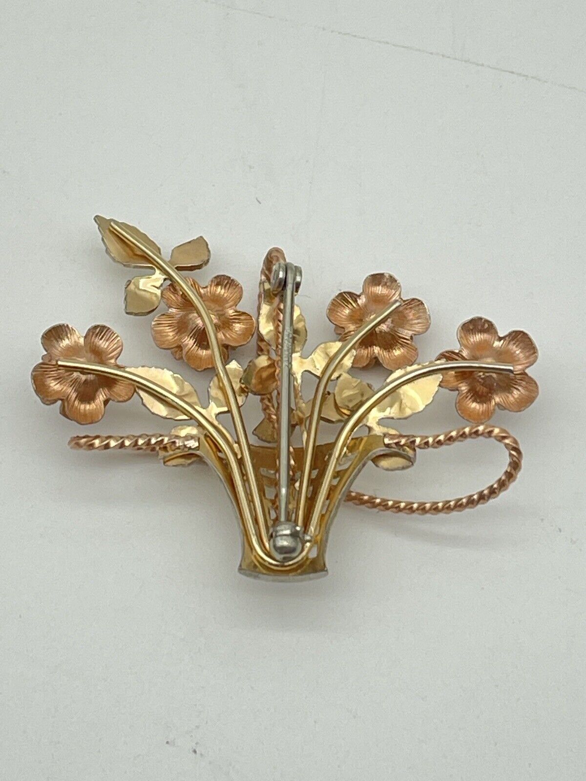 Vintage Signed Krementz Flower Basket Brooch Goldtone & Rose Goldtone