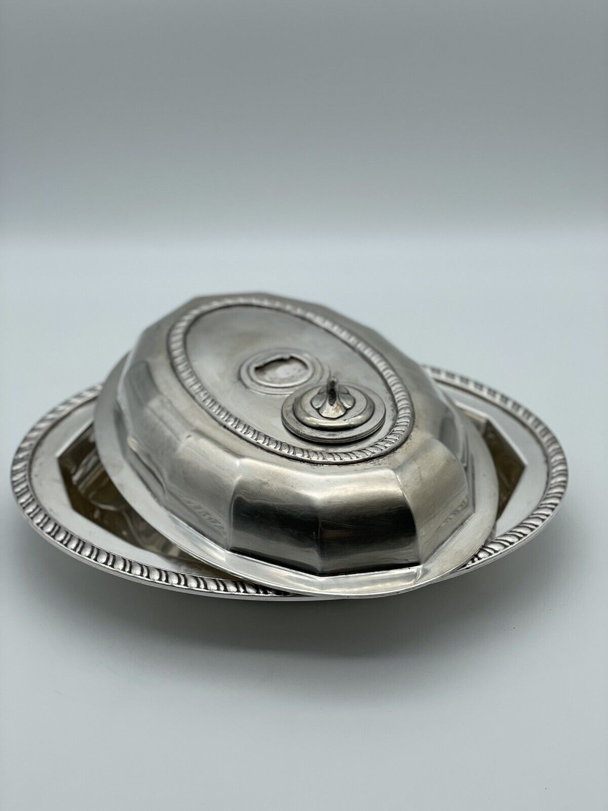 Antique Silver Plated Lidded Entree Serving Dish Monogramed