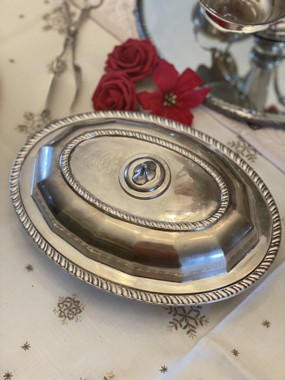 Antique Silver Plated Lidded Entree Serving Dish Monogramed