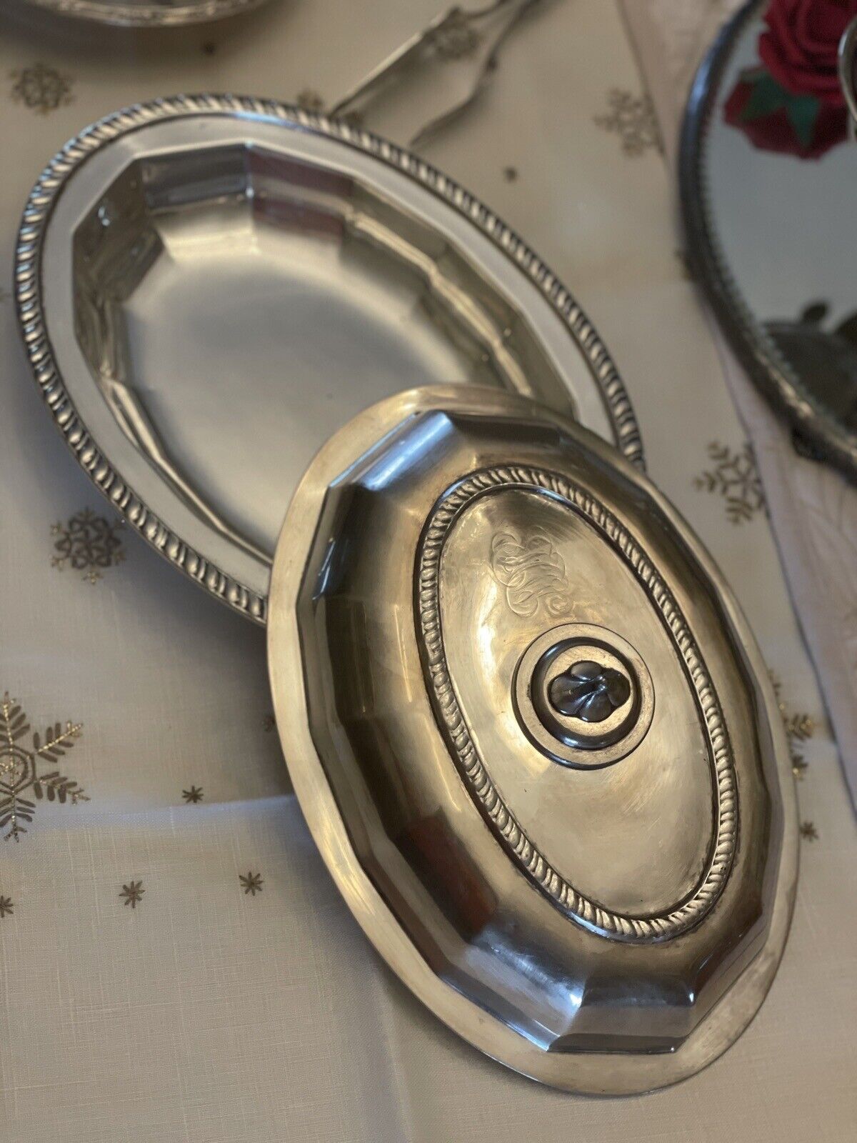 Antique Silver Plated Lidded Entree Serving Dish Monogramed