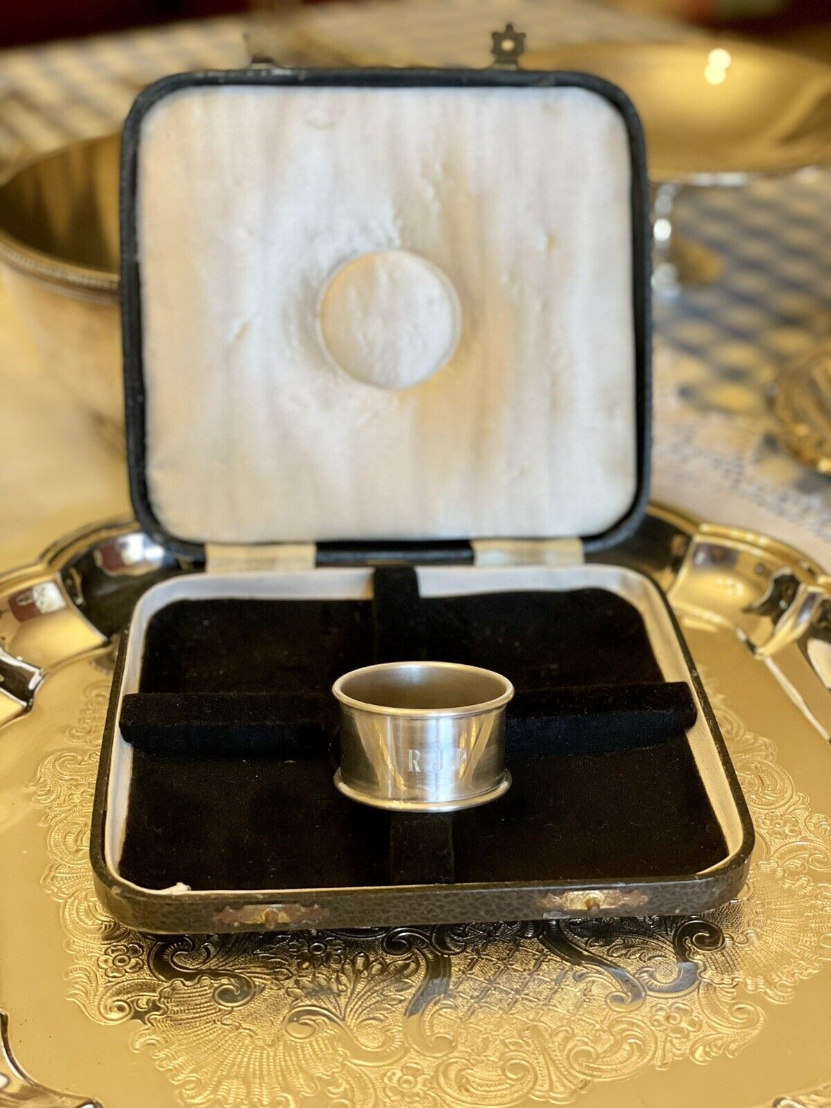 VINTAGE Silver Napkin Ring Original Presentation Box Monogram RJP Plated