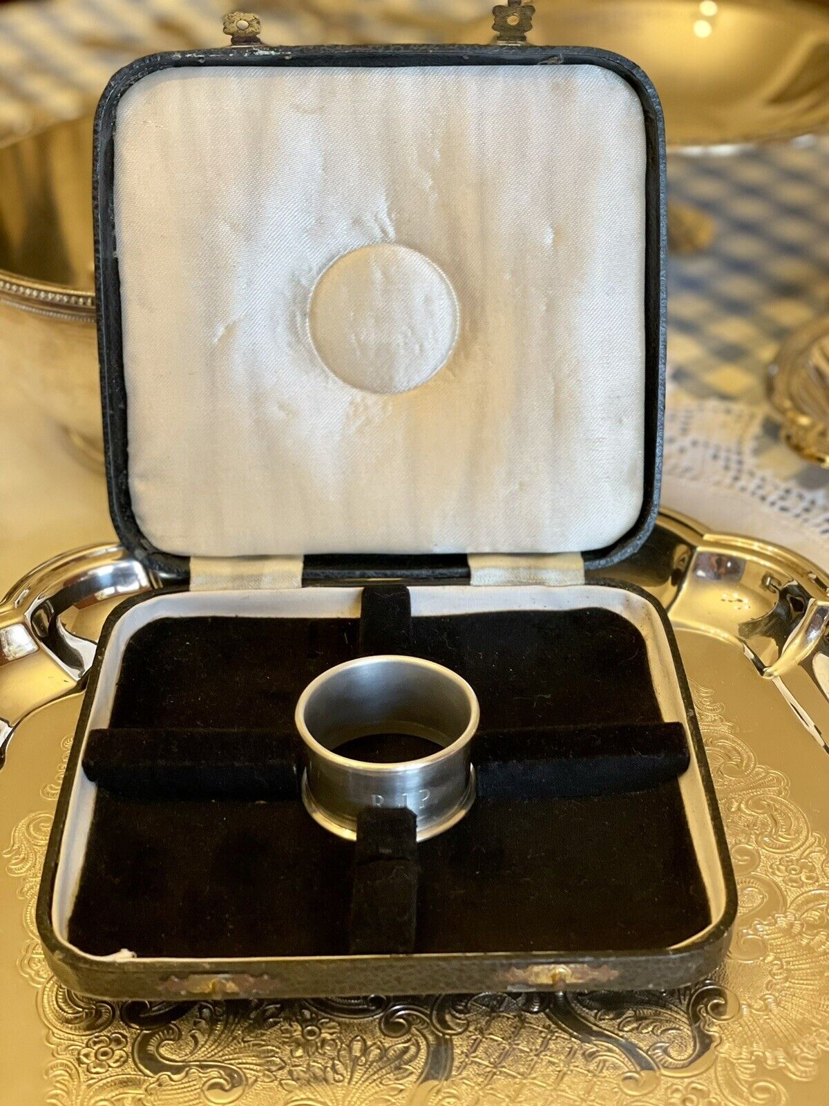 VINTAGE Silver Napkin Ring Original Presentation Box Monogram RJP Plated