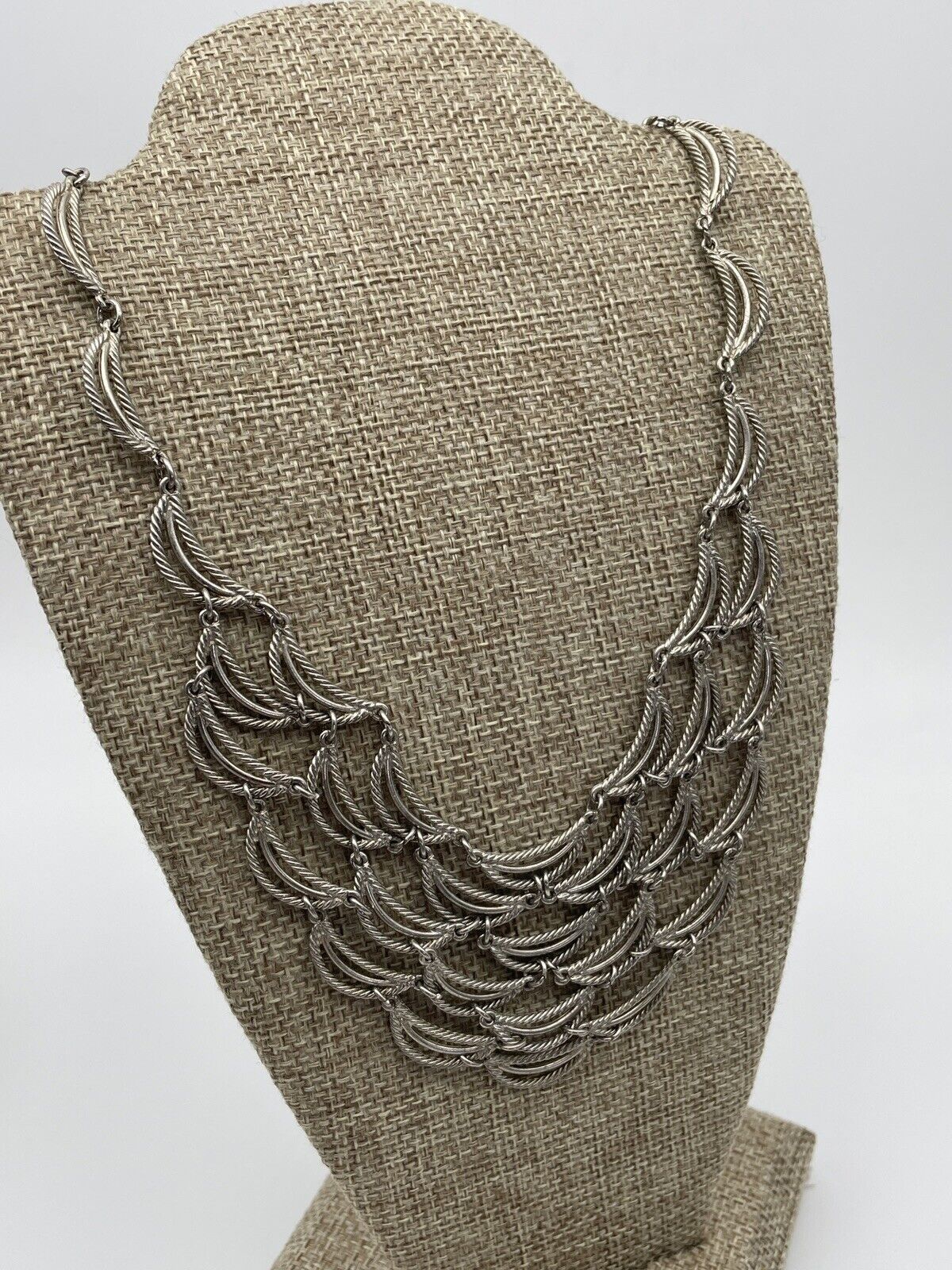 Vintage Silver Tone Ripple Cascade Necklace 16” 70s Style