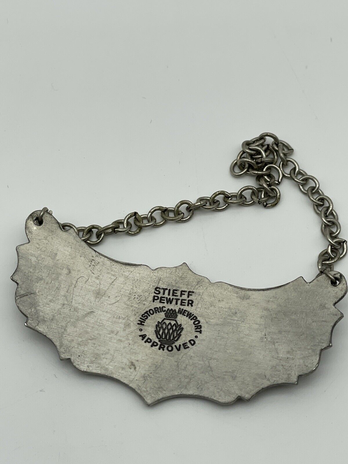 STIEFF Pewter Sherry Hanging Decanter Label Historic Newport APPROVED