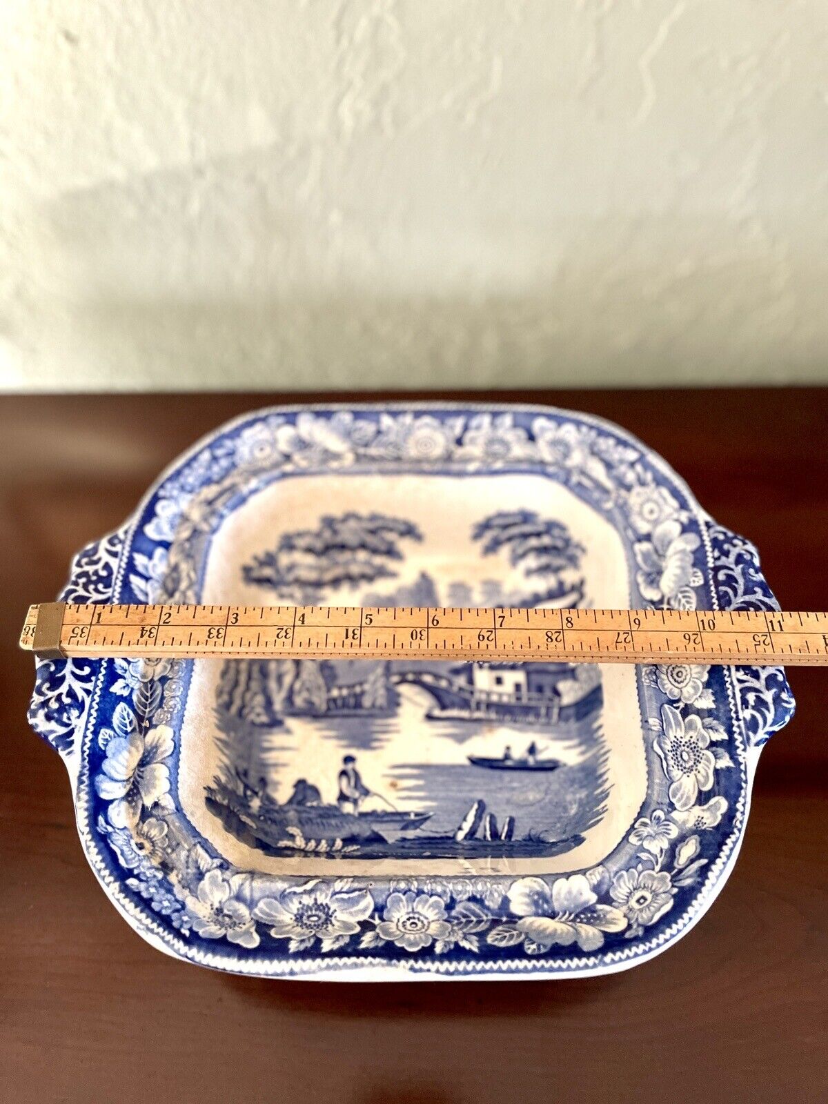 Antique Blue & White Lidded Tureen Landscape Scene With Lion Handle AS IS