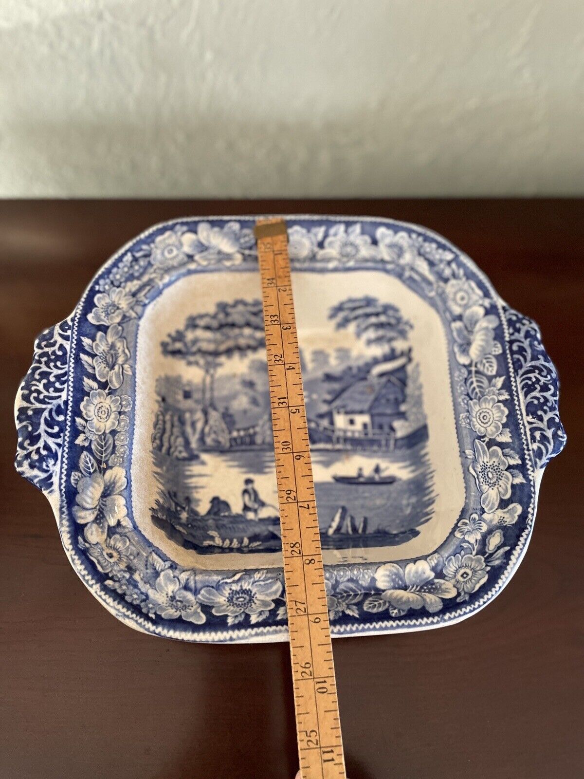 Antique Blue & White Lidded Tureen Landscape Scene With Lion Handle AS IS