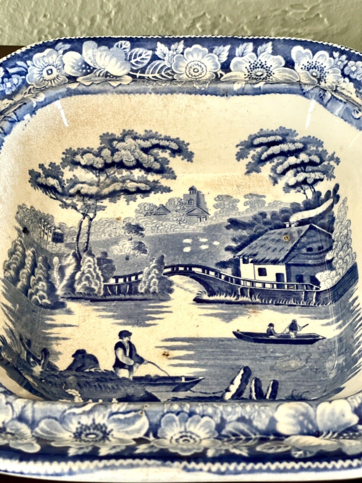 Antique Blue & White Lidded Tureen Landscape Scene With Lion Handle AS IS