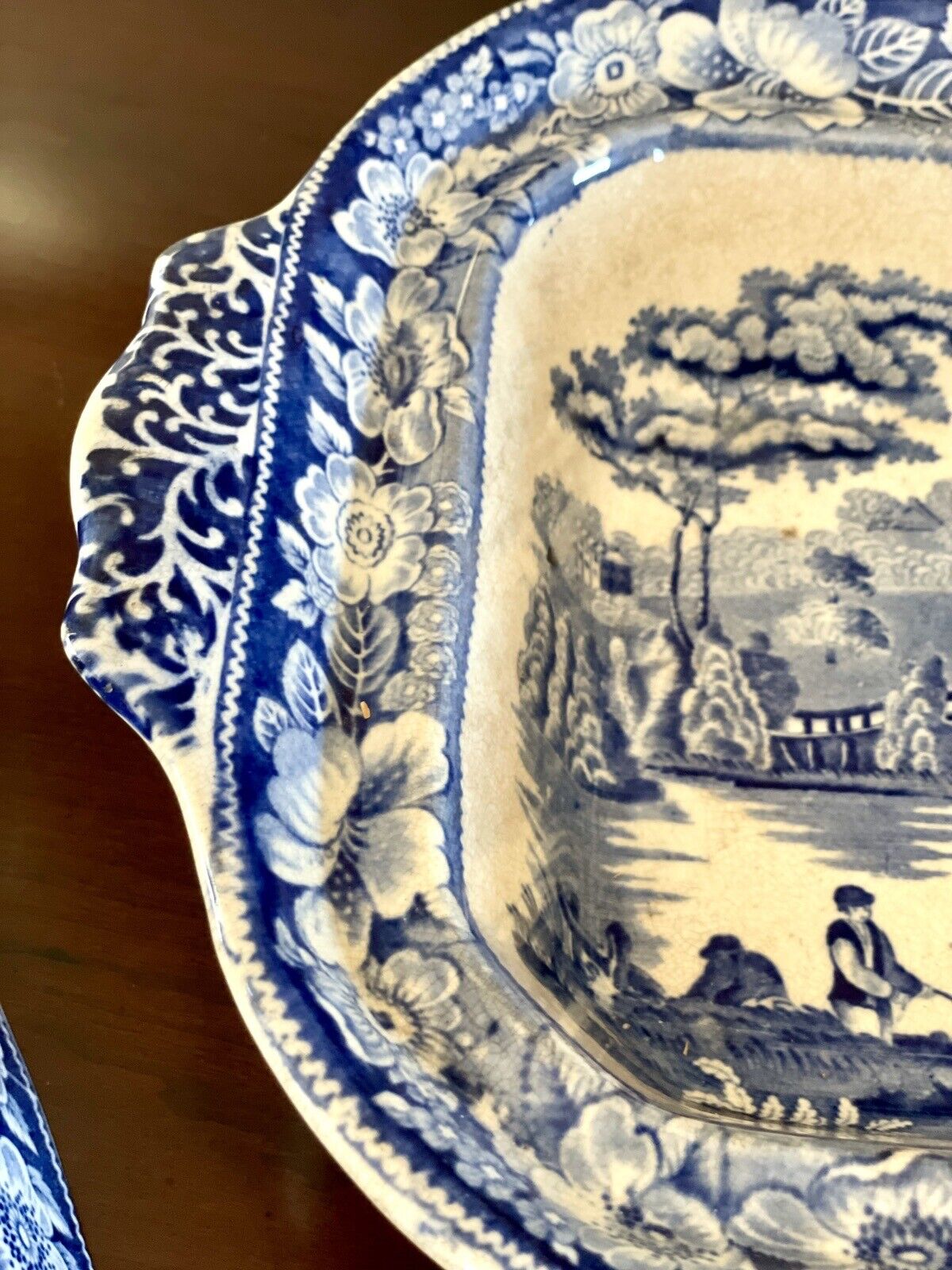 Antique Blue & White Lidded Tureen Landscape Scene With Lion Handle AS IS