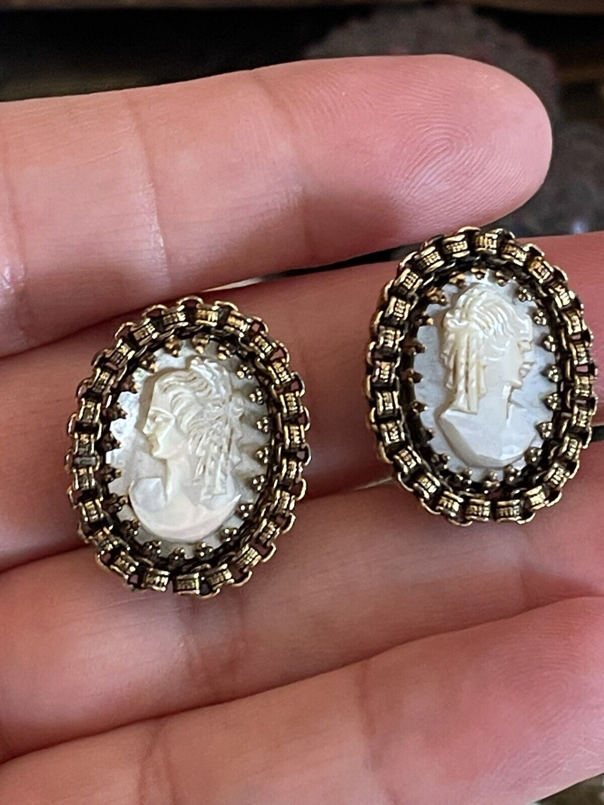 Mother of Pearl Carved Cameo EARRING Clips Filigree Casing VINTAGE
