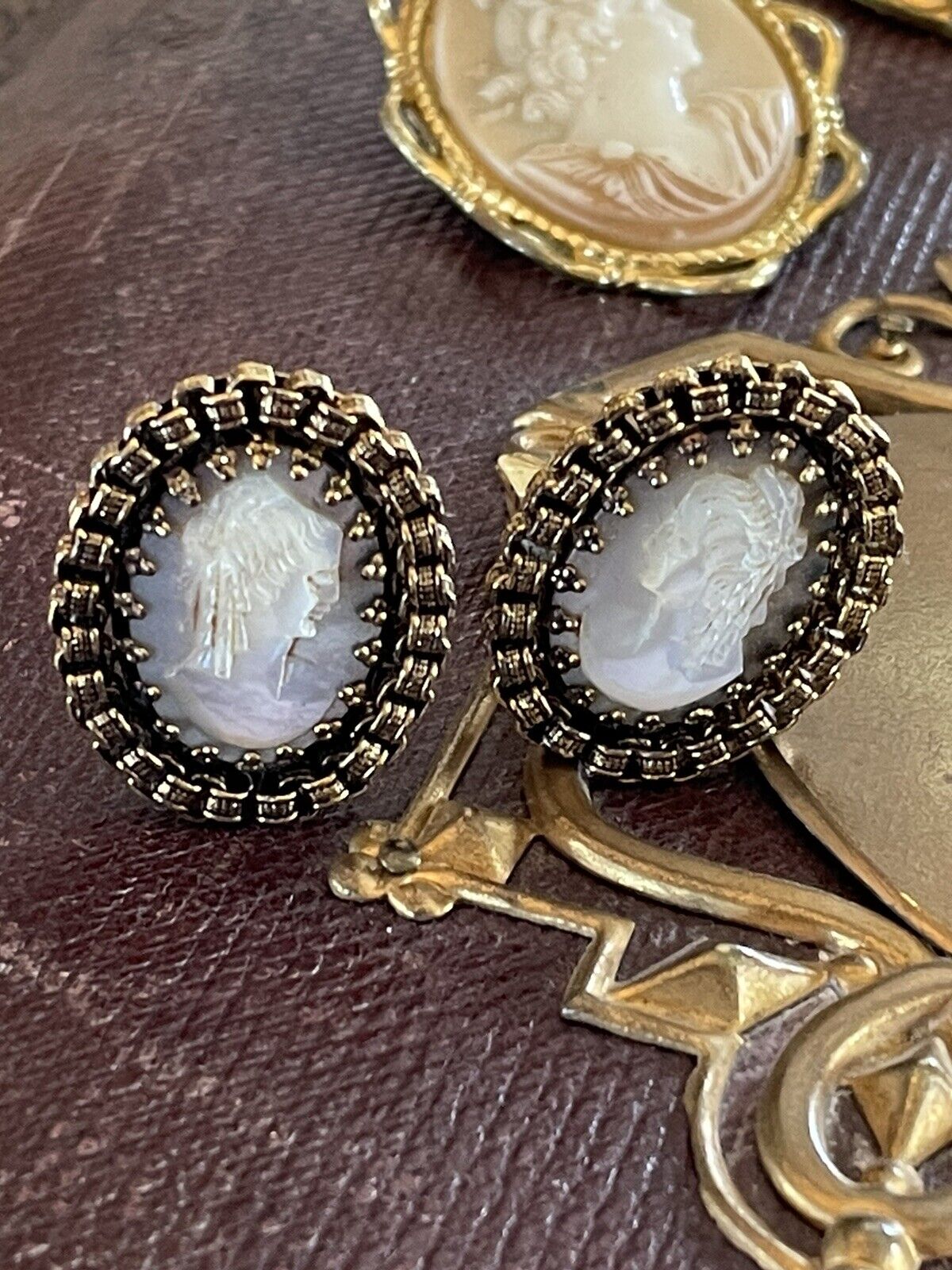 Mother of Pearl Carved Cameo EARRING Clips Filigree Casing VINTAGE