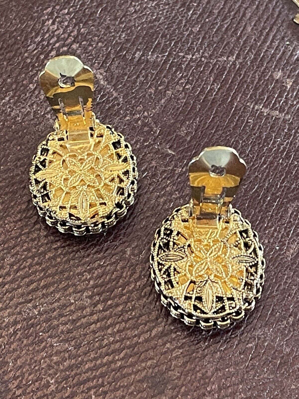 Mother of Pearl Carved Cameo EARRING Clips Filigree Casing VINTAGE