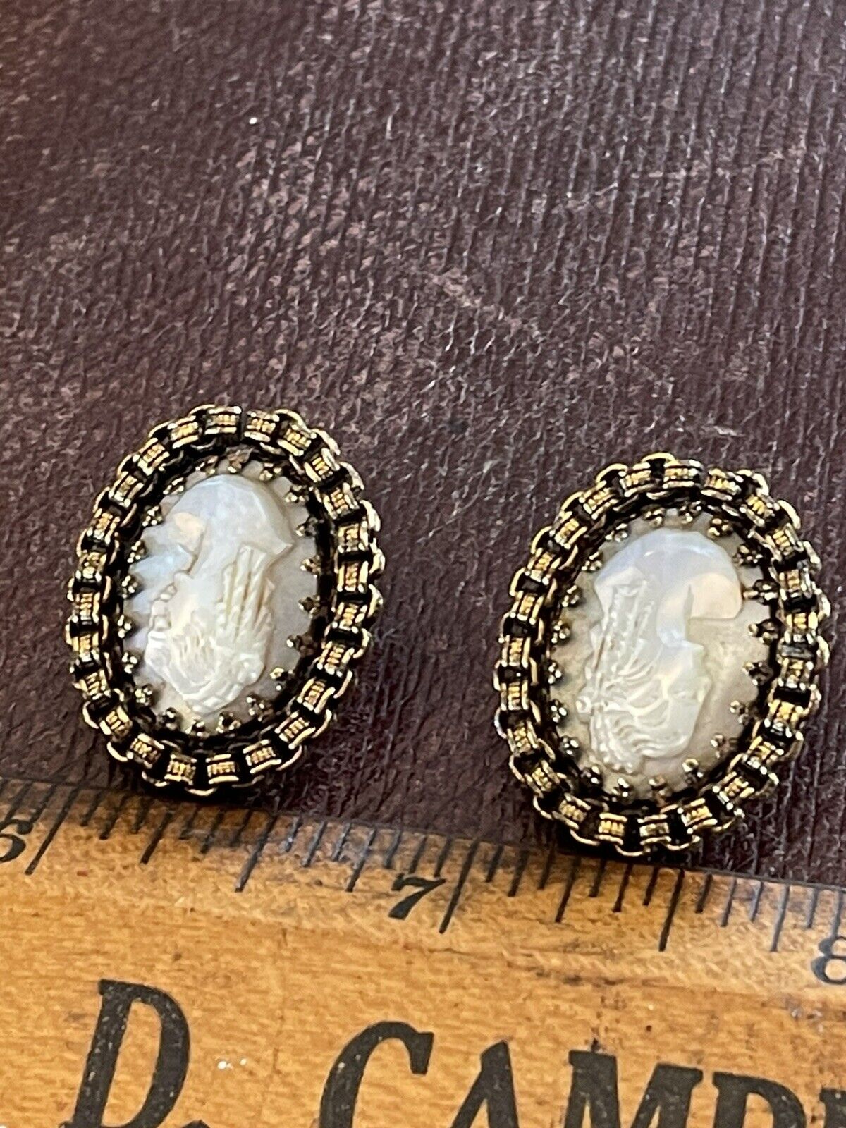Mother of Pearl Carved Cameo EARRING Clips Filigree Casing VINTAGE