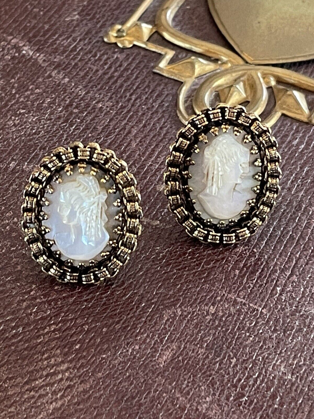 Mother of Pearl Carved Cameo EARRING Clips Filigree Casing VINTAGE