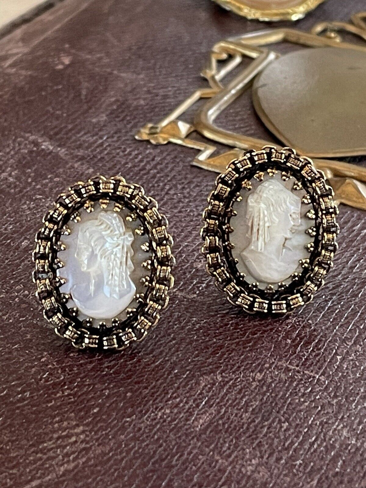 Mother of Pearl Carved Cameo EARRING Clips Filigree Casing VINTAGE