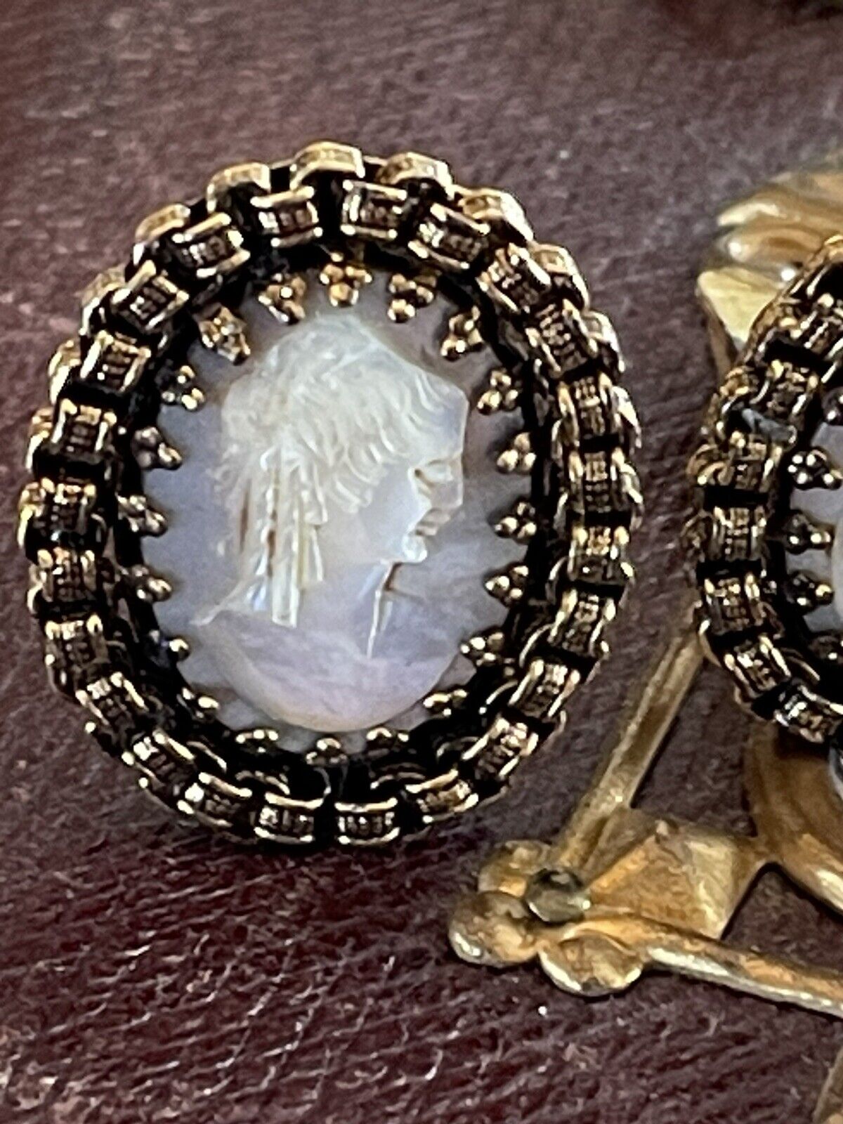 Mother of Pearl Carved Cameo EARRING Clips Filigree Casing VINTAGE