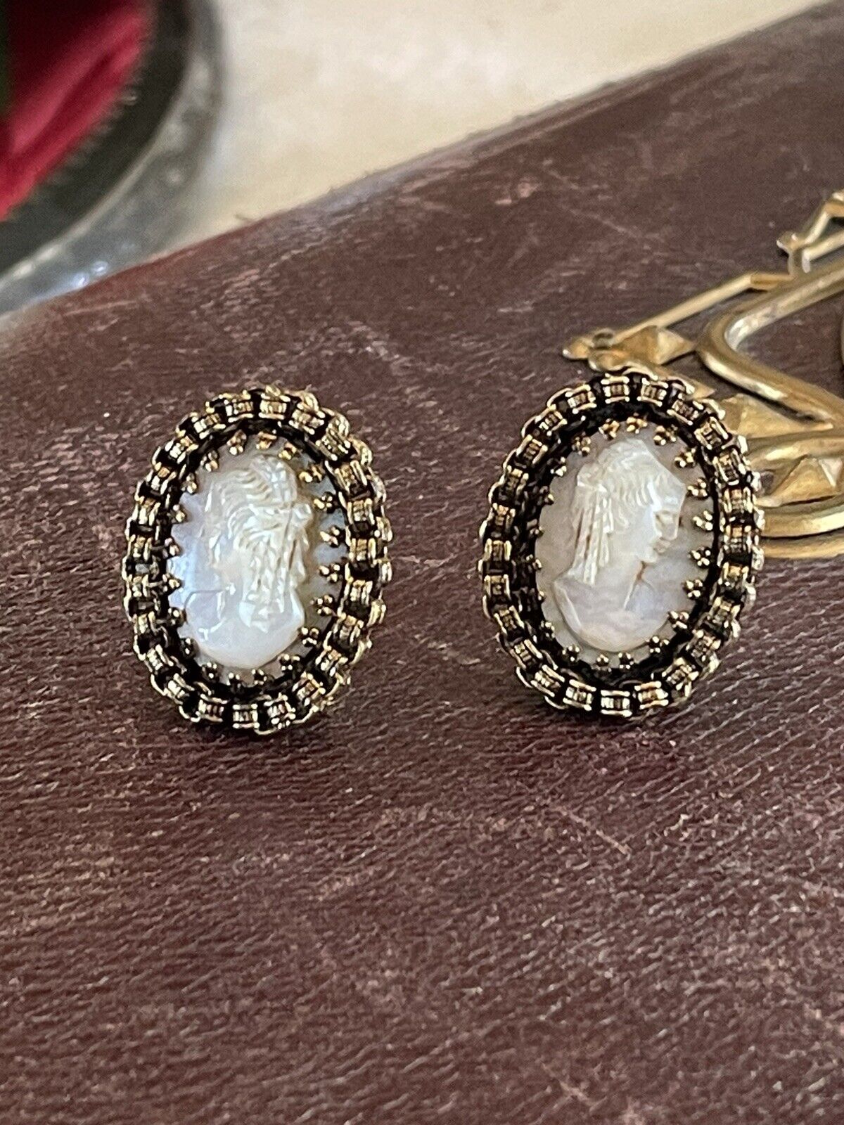 Mother of Pearl Carved Cameo EARRING Clips Filigree Casing VINTAGE