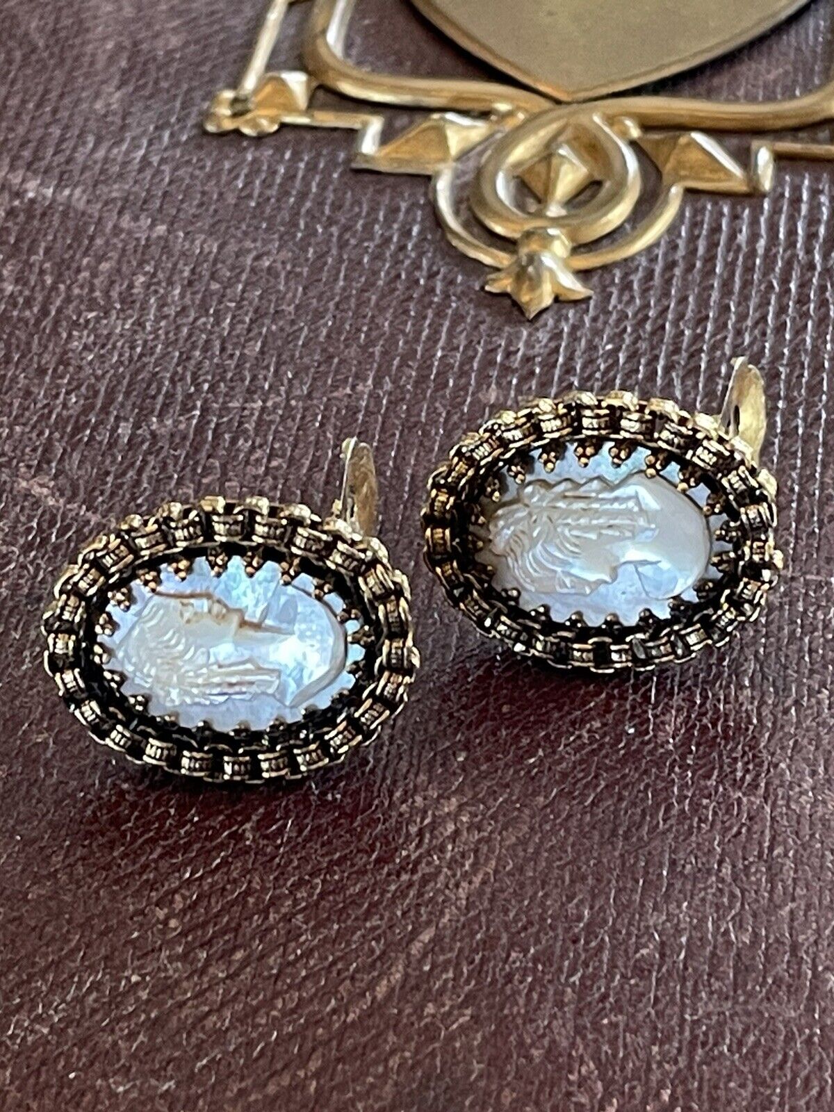 Mother of Pearl Carved Cameo EARRING Clips Filigree Casing VINTAGE
