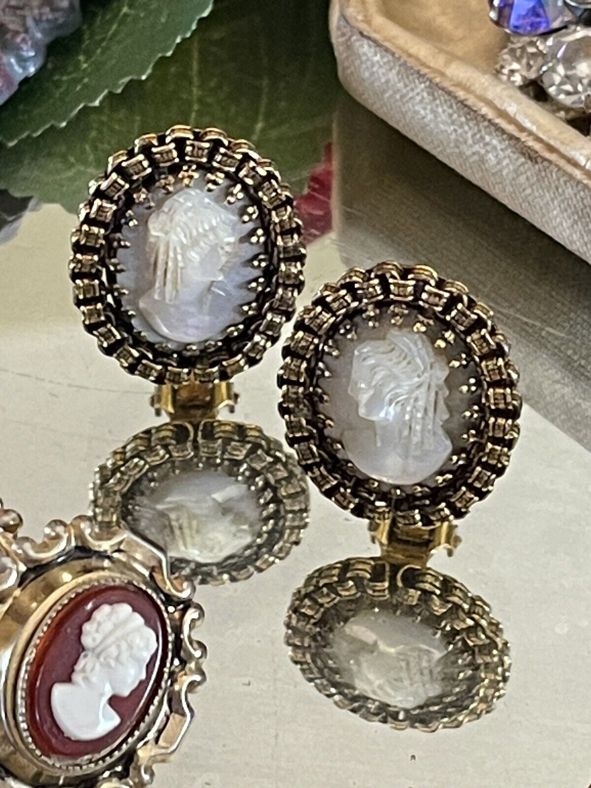 Mother of Pearl Carved Cameo EARRING Clips Filigree Casing VINTAGE