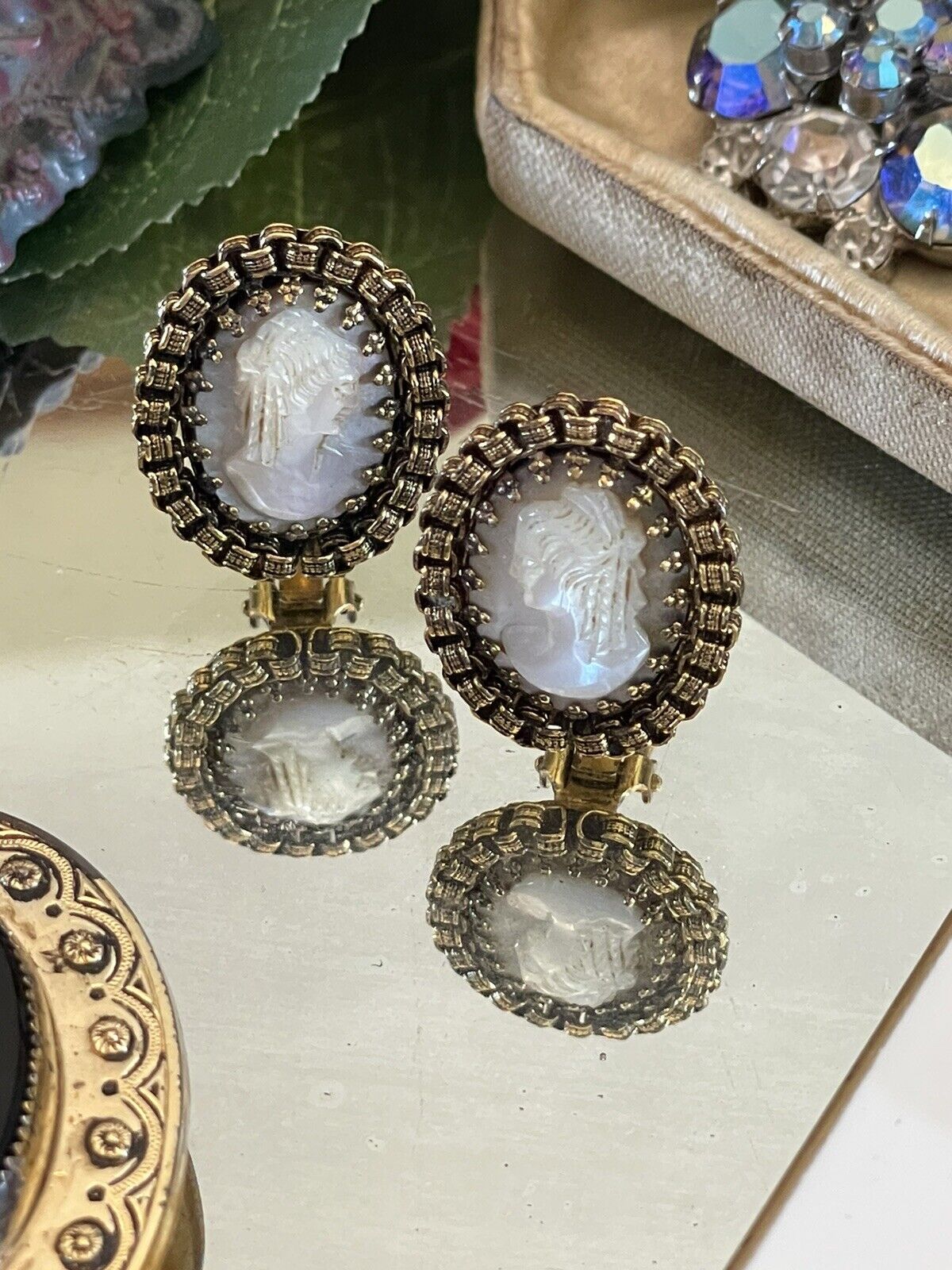 Mother of Pearl Carved Cameo EARRING Clips Filigree Casing VINTAGE