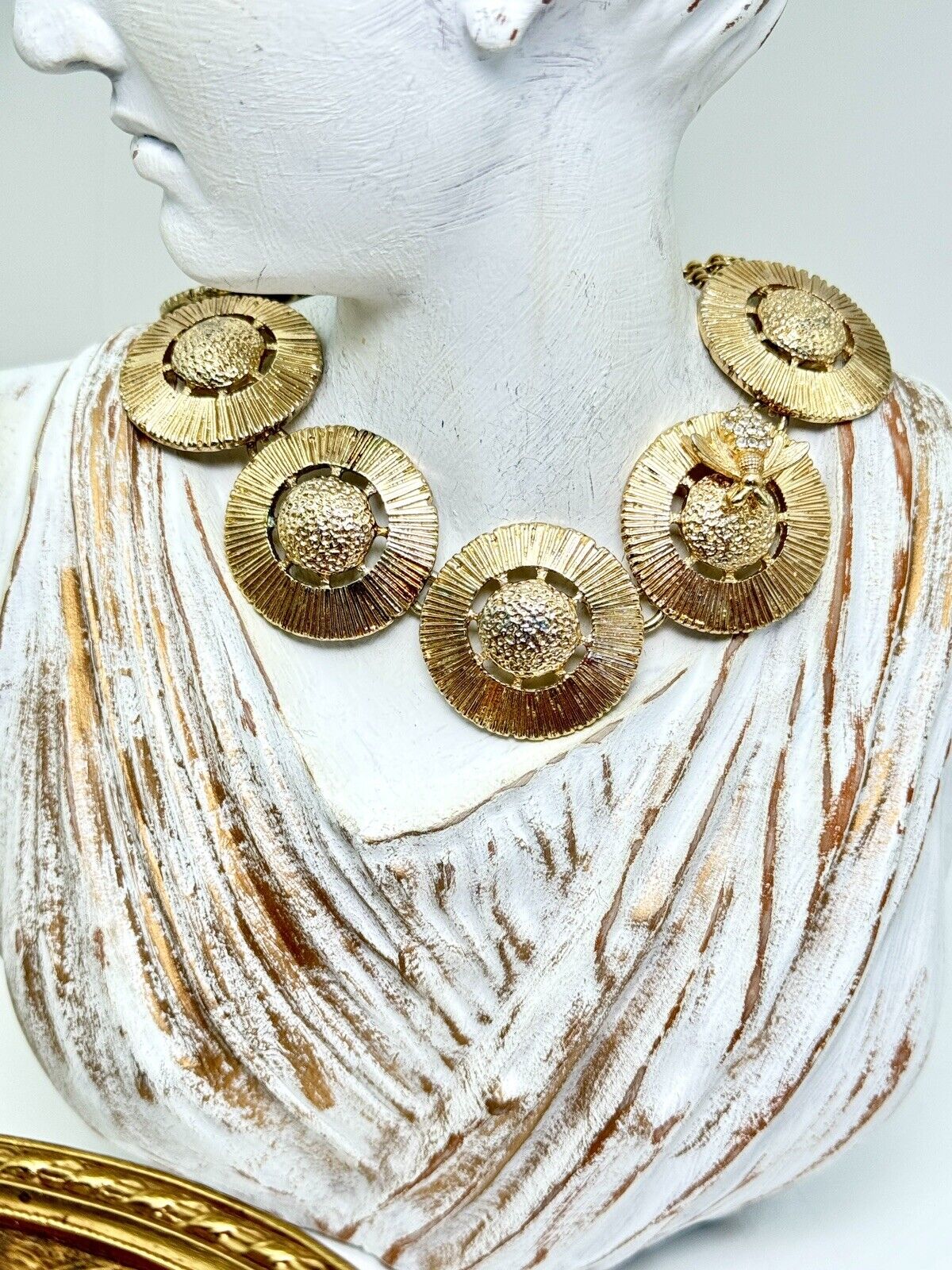 Vintage Bee Necklace with Round Disks & Rhinestone Honey Bee - Gold Tone