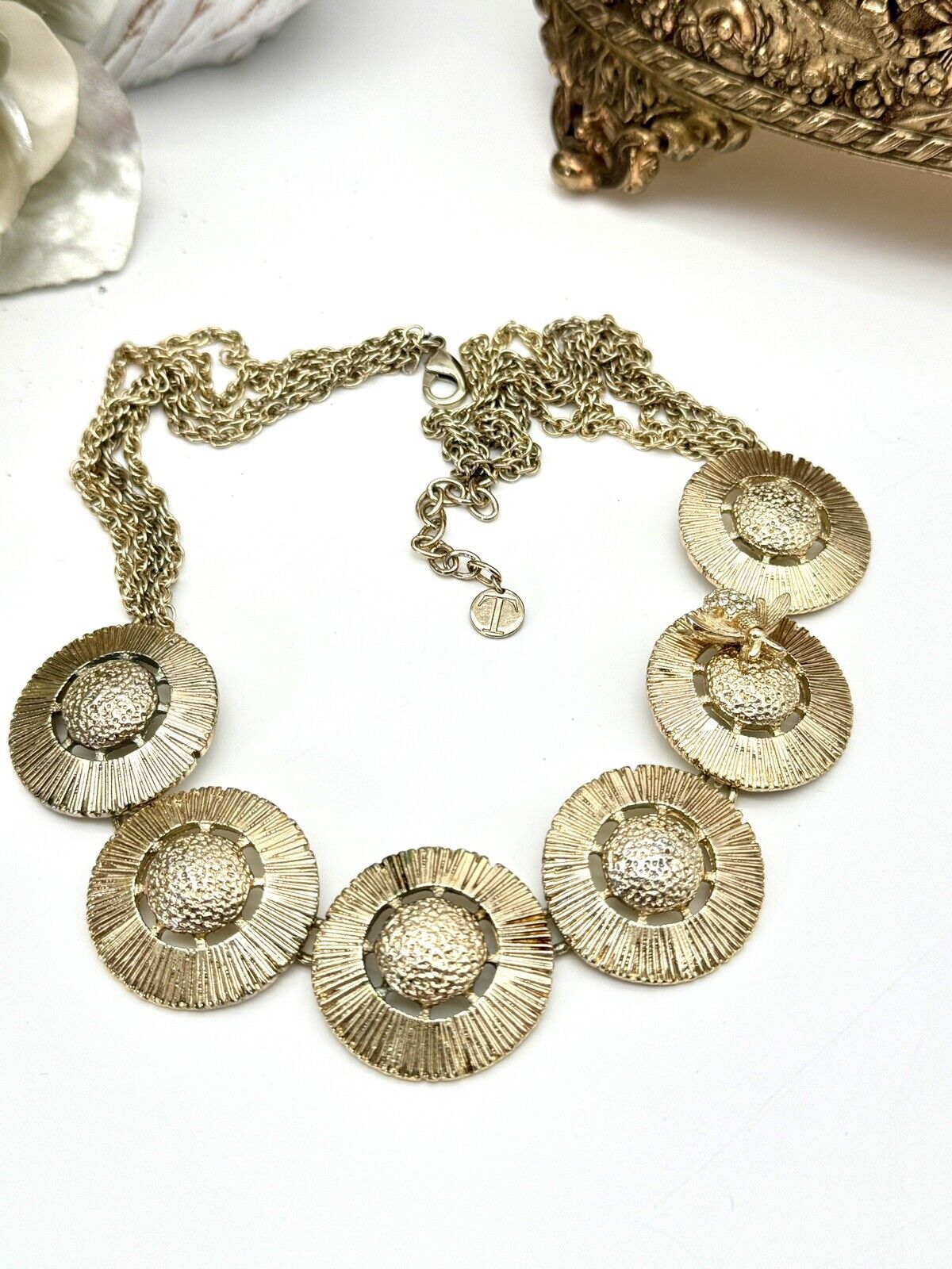 Vintage Bee Necklace with Round Disks & Rhinestone Honey Bee - Gold Tone