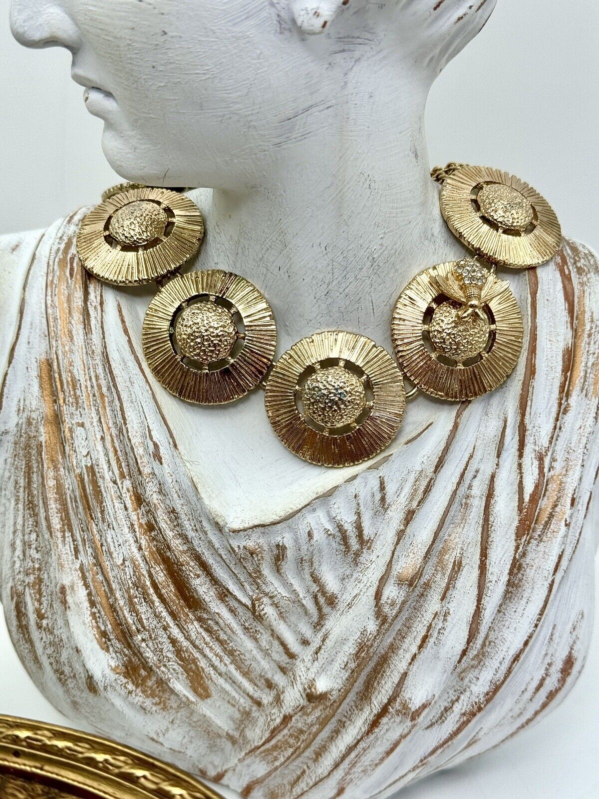 Vintage Bee Necklace with Round Disks & Rhinestone Honey Bee - Gold Tone