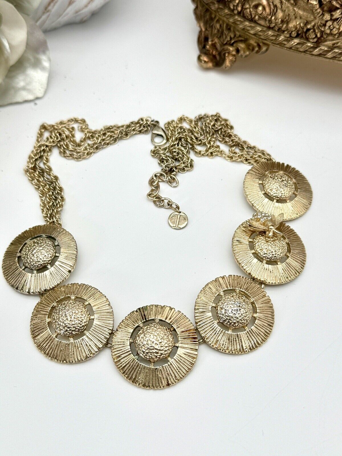 Vintage Bee Necklace with Round Disks & Rhinestone Honey Bee - Gold Tone