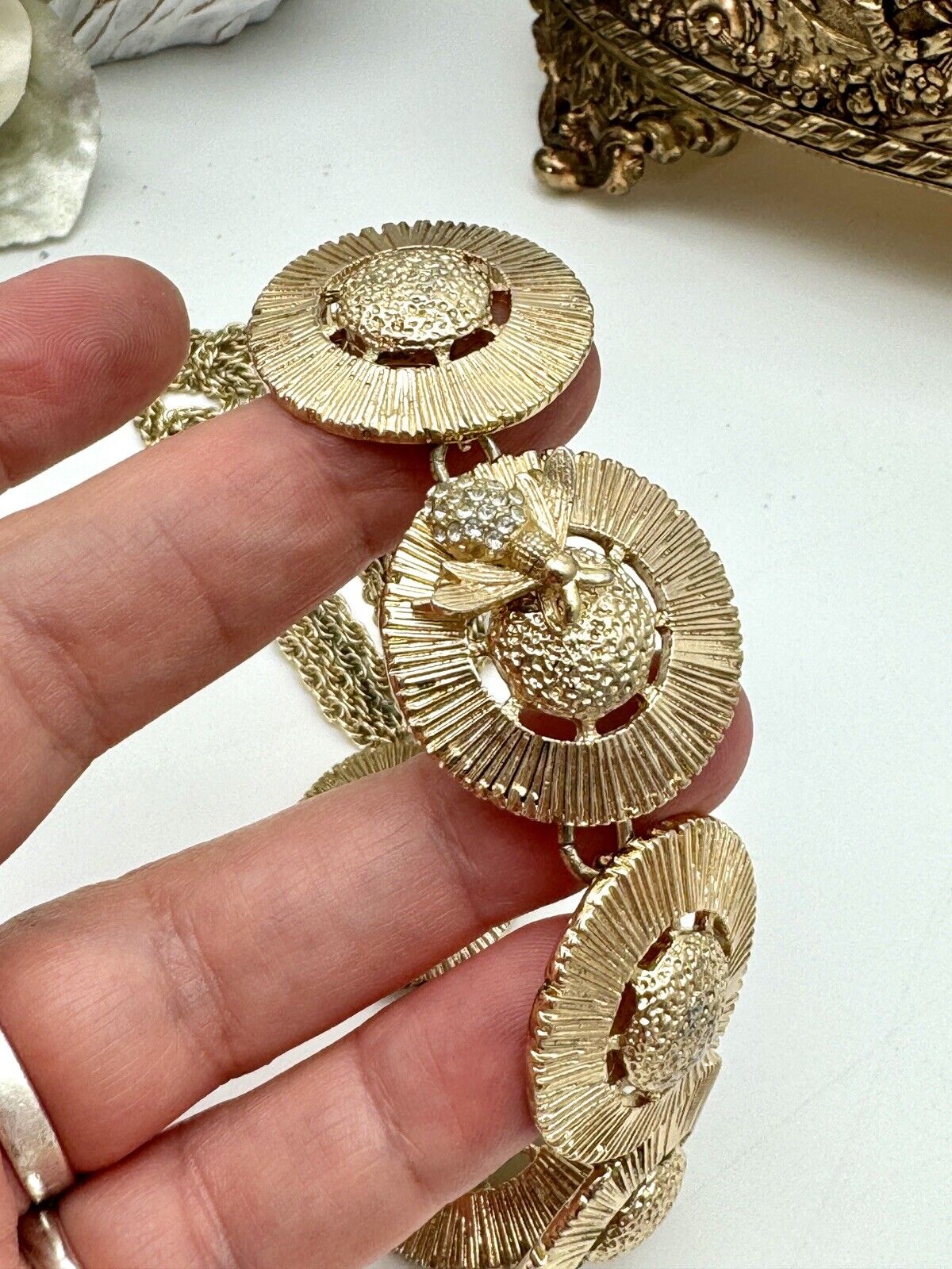Vintage Bee Necklace with Round Disks & Rhinestone Honey Bee - Gold Tone