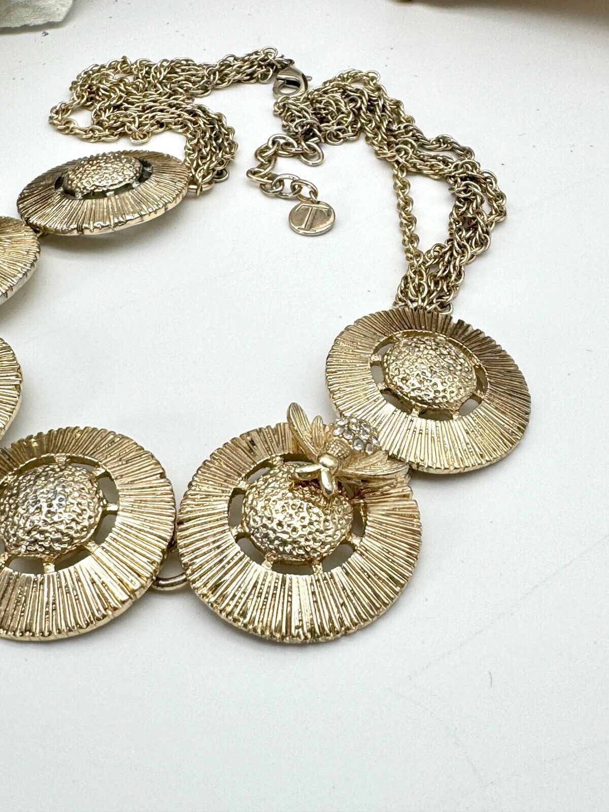 Vintage Bee Necklace with Round Disks & Rhinestone Honey Bee - Gold Tone