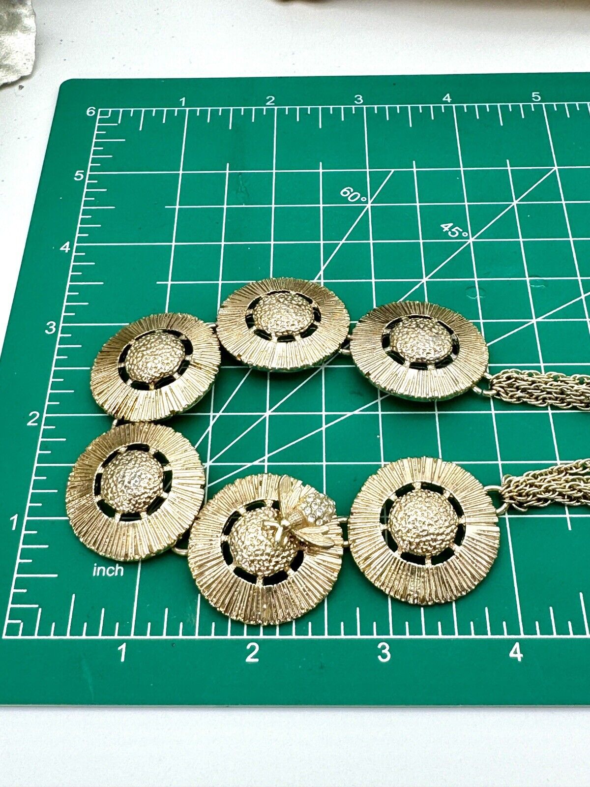 Vintage Bee Necklace with Round Disks & Rhinestone Honey Bee - Gold Tone